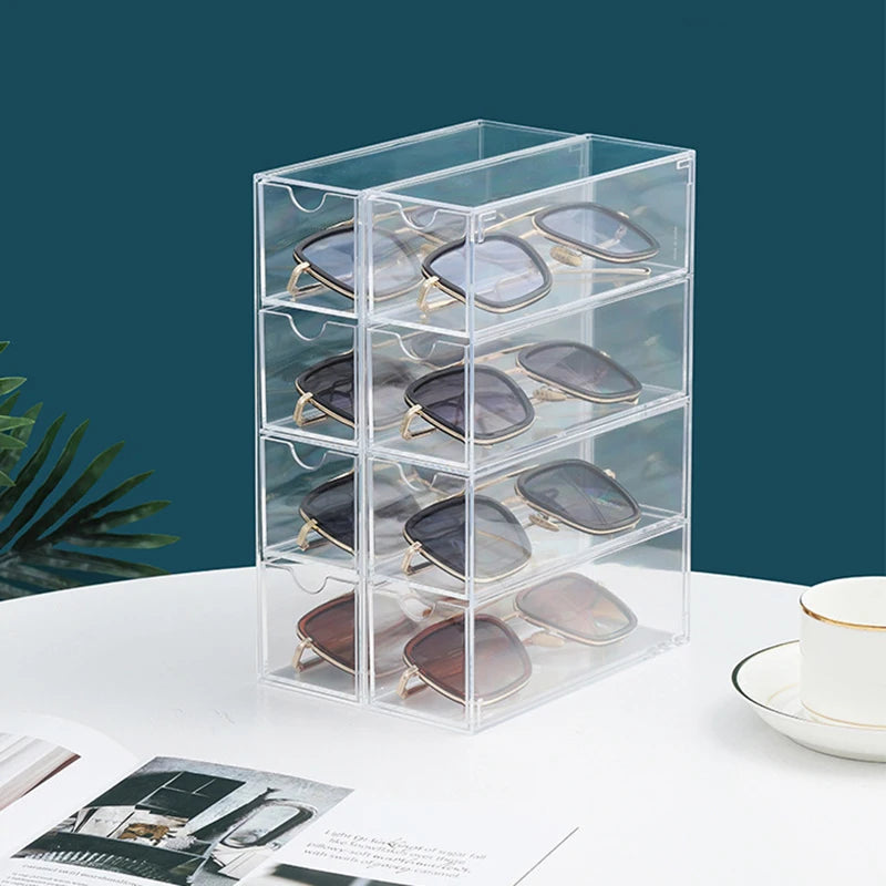 Organiseur transparent pour lunettes avec tiroirs coulissants – rangement élégant et anti-poussière
