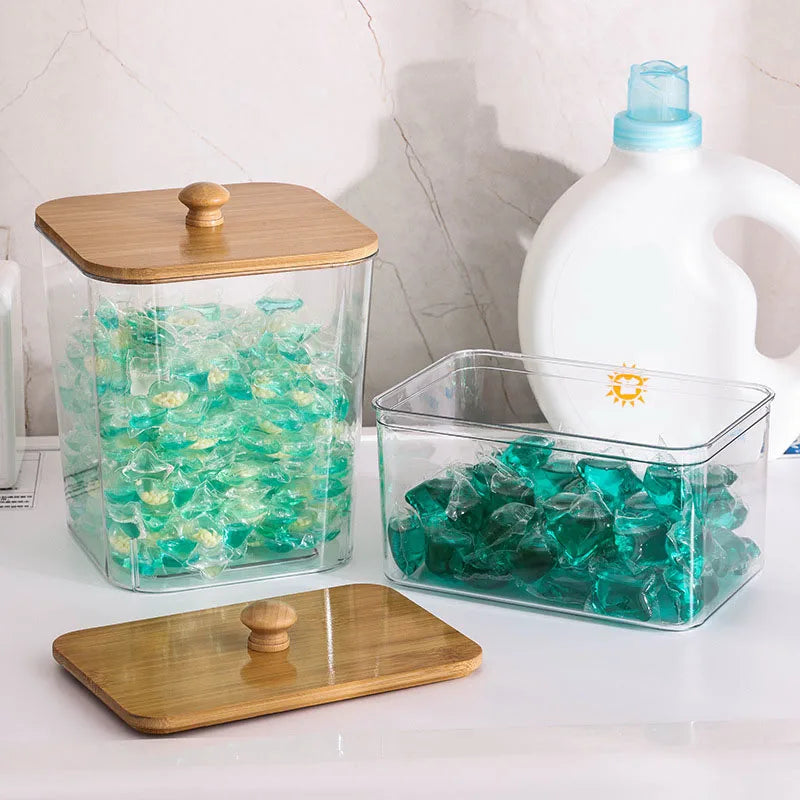 Boîte de rangement pour lessive et coton avec couvercle en bambou