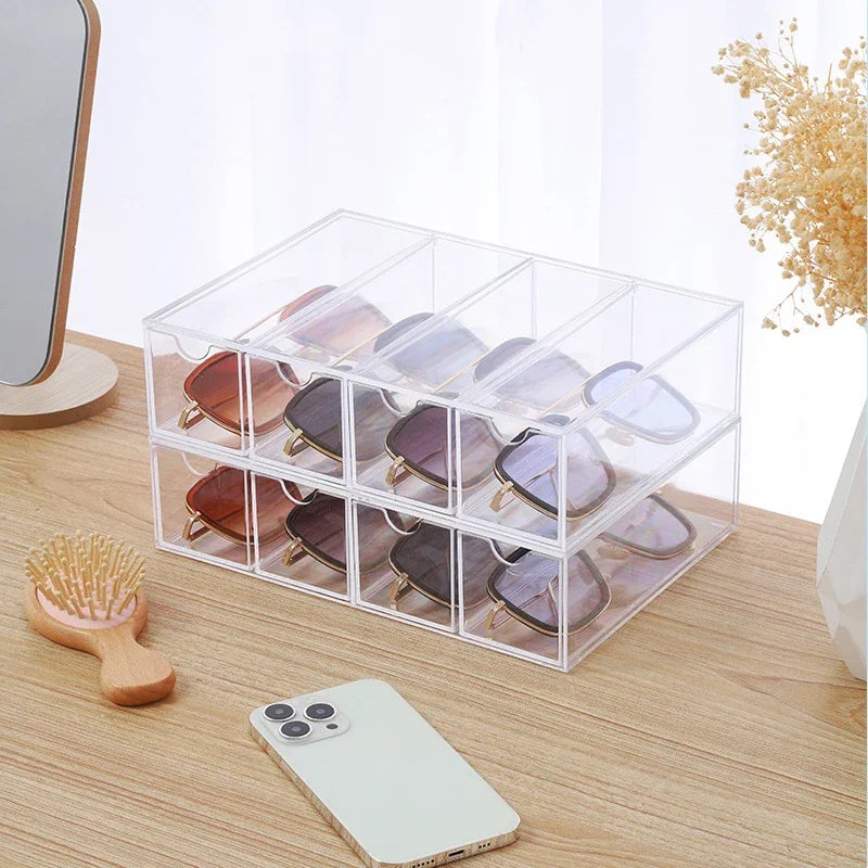 Organiseur transparent pour lunettes avec tiroirs coulissants – rangement élégant et anti-poussière