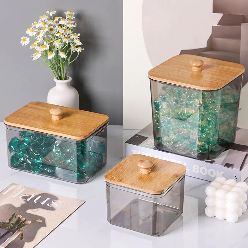 Boîte de rangement pour lessive et coton avec couvercle en bambou