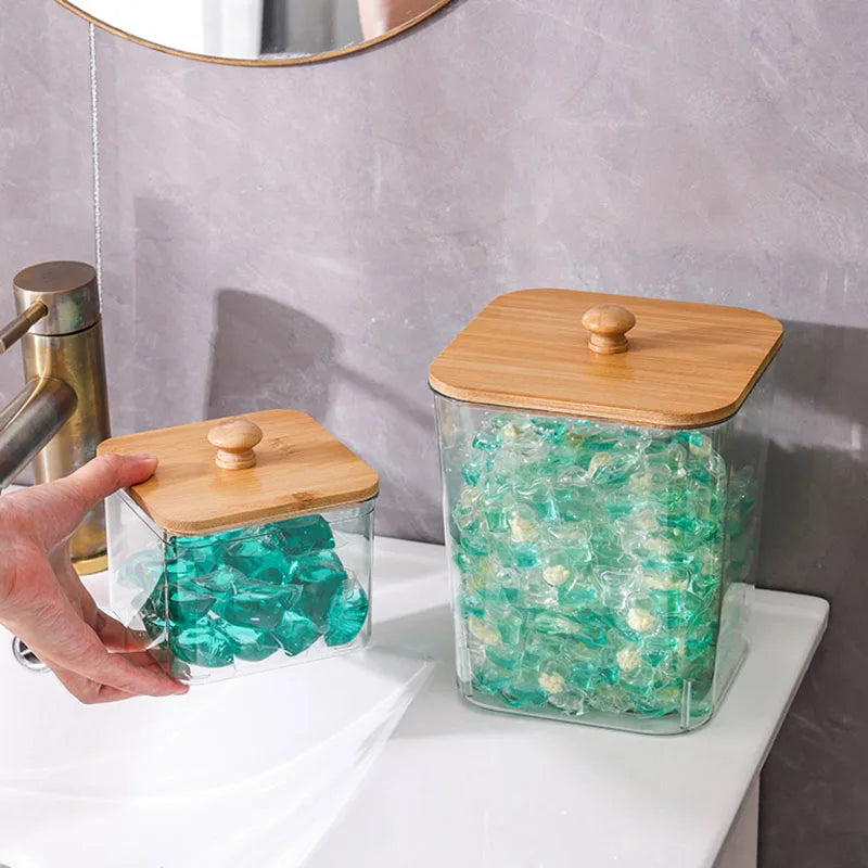 Boîte de rangement pour lessive et coton avec couvercle en bambou