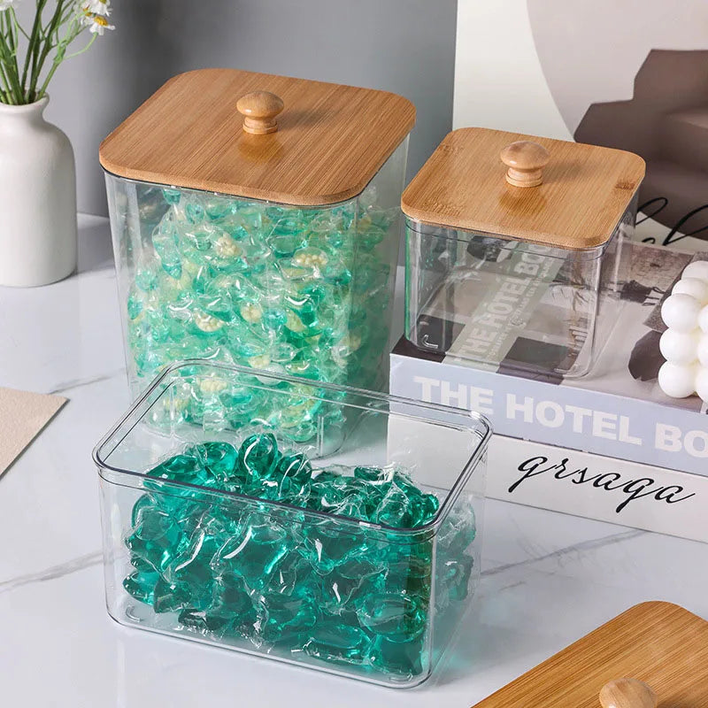 Boîte de rangement pour lessive et coton avec couvercle en bambou